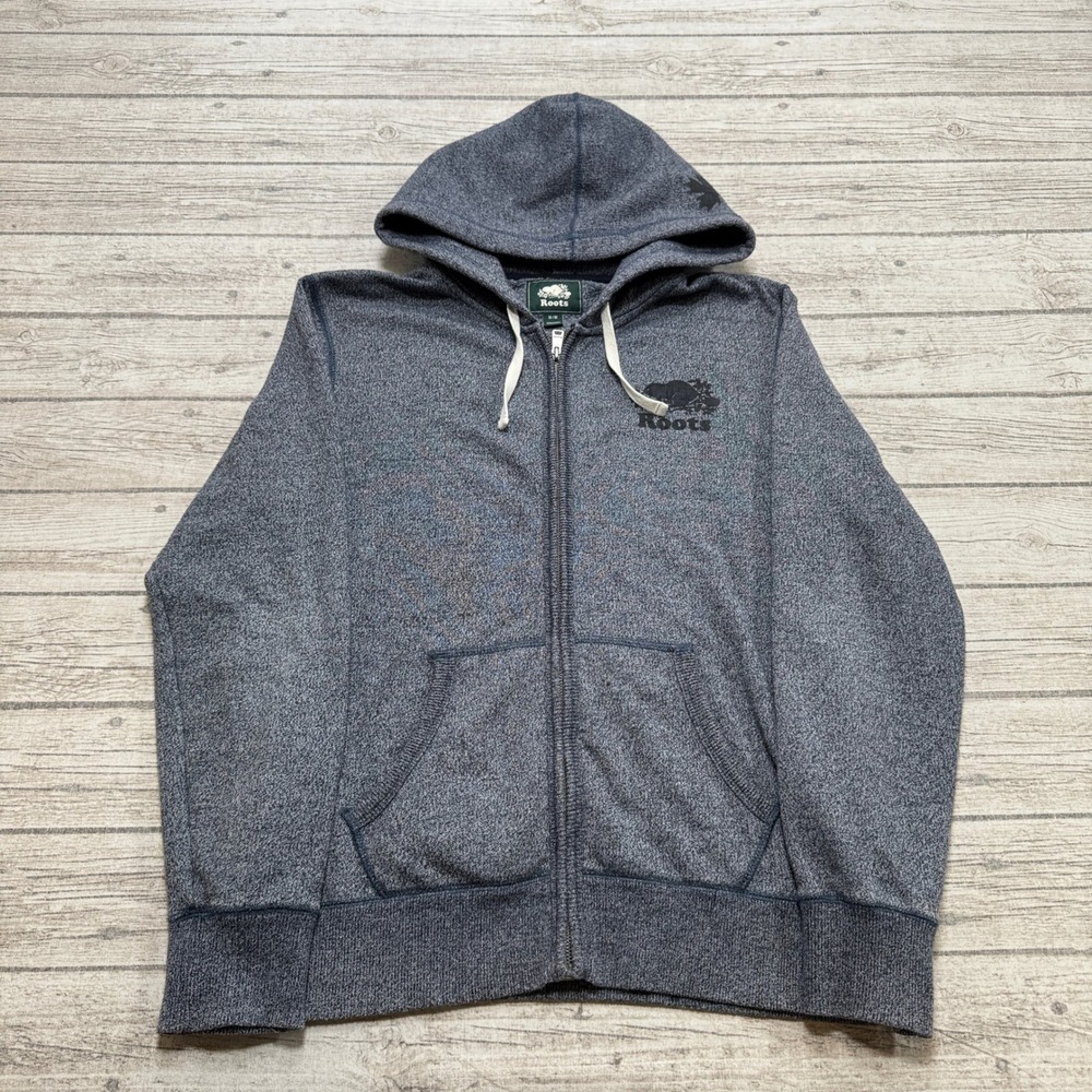 Roots Hoodie Men's Medium Blue Marl Zip Up Salt & Pepper Athletic Lounge Varsity